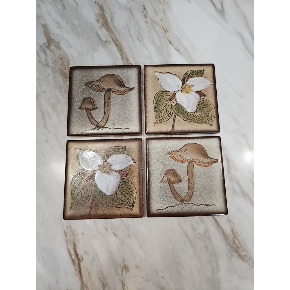 4 Vintage Made In Japan Kaneki Dogwood & Mushroom 3.5" Ceramic Glazed Tiles